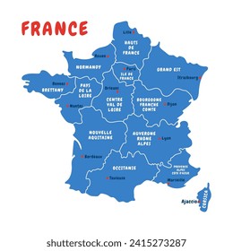 Political map of France with french regions. Hand drawn vector illustration