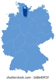 Political map of Germany with all states where Hamburg (Freie und Hansestadt Hamburg) is pulled out