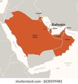 Political Map of Gulf Cooperation Council Countries GCC Vector Illustration, with Bahrain Highlight