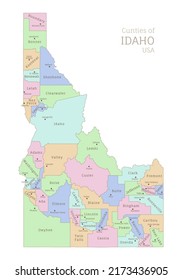 Political map of Idaho state, Northwestern American region. USA state highly detailed administrative map with territory borders and counties names labeled realistic vector illustration