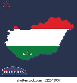 Political map illustration of Hungary coloured in the national flag colours. Flat design with 3D look - you are here sign and tourist pointer. Vector.