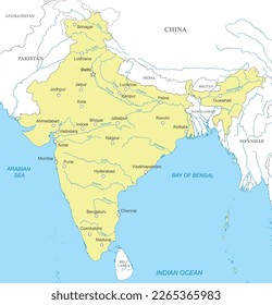 Mapa político de la India con fronteras nacionales, ciudades y ríos