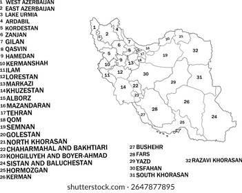 Political Map of Iran with Numbered Provinces and Major Regions Highlighted