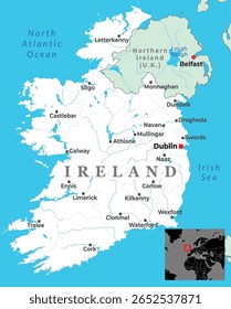 Political map of Ireland and Northern Ireland showing major cities, national borders, and coastal outlines