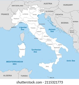 Political map of Italy with borders with borders of regions and countries