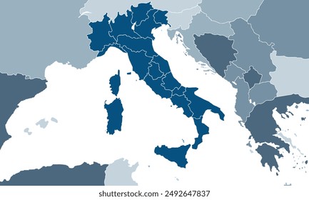 Political Map of Italy individual colors,isolated on white background for website layouts,background,education, precise,customizable,Travel worldwide,map silhouette backdrop,earth geography, political