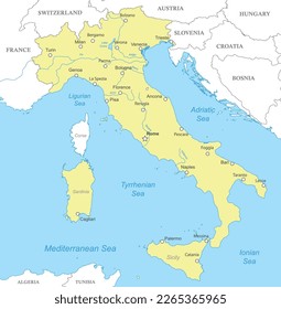 Political map of Italy with national borders, cities and rivers