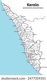 Political Map of Kerala districts text for administrative divisions. vector map illustration. Indian state in South India malabar coast mapping drawing, editable eps vector template graphics
