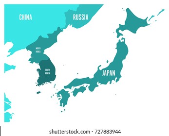 Political map of Korean and Japanese region, South Korea, North Korea and Japan. Turquoise blue map with white labeling on white background. Vector illustration.