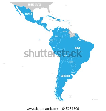 Political map of Latin America. Latin american states blue highlighted in the map of South America, Central America and Caribbean. Vector illustration.