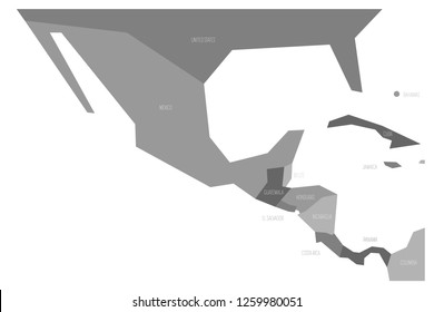 Political map of Mexico and Central Amercia. Simlified schematic flat vector map in four shades of grey.