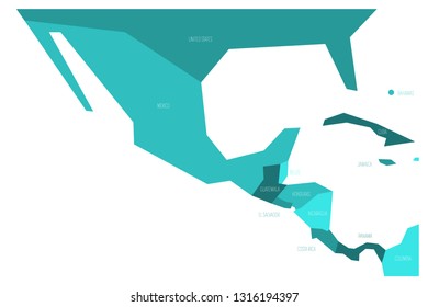 Political map of Mexico and Central Amercia. Simlified schematic flat vector map in four shades of turquoise blue.