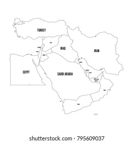 Political map of Middle East, or Near East. Simple flat outline vector ilustration.