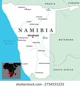Political map of Namibia showing major cities borders and regional context within Africa