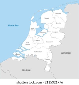 Political map of Netherlands with borders with borders of regions and countries