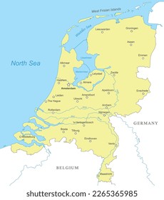 Political map of Netherlands with national borders, cities and rivers