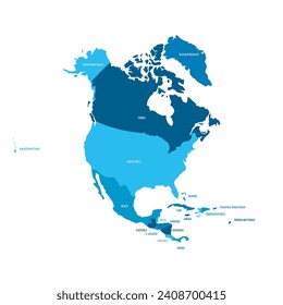 Political map of North America. Blue colored land with country name labels on white background. Ortographic projection. Vector illustration