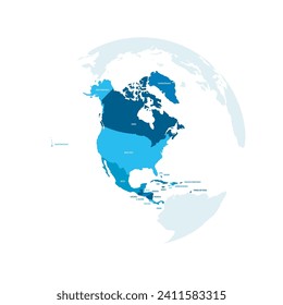 Political map of North America. Blue colored land with country name labels on white background. Ortographic projection. Vector illustration