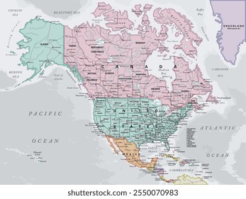 Mapa político de América del Norte en la proyección de Mercator. Altamente detallado, editable con capas claramente etiquetadas y separadas. Ilustración vectorial.