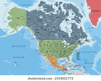 Political map of North America in Mercator projection. Highly detailed, editable with clearly labeled, separated layers. Vector illustration.