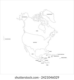 Political map of North America. Thin black outline map with country name labels on white background. Ortographic projection. Vector illustration