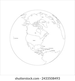 Political map of North America. Thin black outline map with country name labels on white background. Ortographic projection. Vector illustration