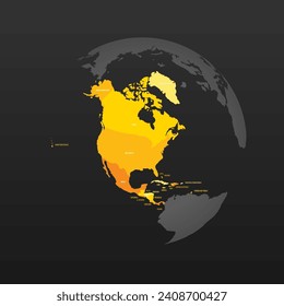 Political map of North America. Yellow colored land with country name labels on dark gray background. Ortographic projection. Vector illustration