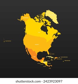 Political map of North America. Yellow colored land with country name labels on dark gray background. Ortographic projection. Vector illustration