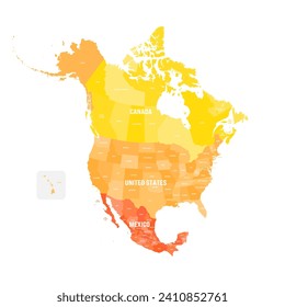 Mapa político de los países norteamericanos Canadá, Estados Unidos de América y México con divisiones administrativas. Mapa colorido con países y etiquetas de nombres de estados. Ilustración del vector