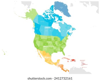 Political map of North American countries Canada, United States of America, Mexico with administrative divisions. Central American Countries and Caribbean Region. Colorful blank map. Vector