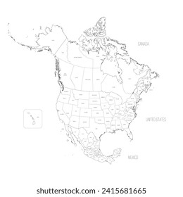 Political map of North American countries Canada, United States of America and Mexico with administrative divisions. Thin black outline map with countries and states name labels. Vector illustration