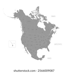 Political map of North American countries Canada, United States of America and Mexico with administrative divisions. Thin black outline map with countries and states name labels. Vector illustration