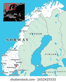 Mapa político da Noruega destacando as principais cidades, como Oslo, Bergen e Tromsø, com fronteiras territoriais e um interior mostrando sua posição no norte da Europa