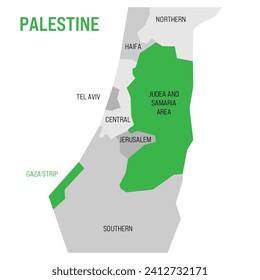 Political map of Palestine highlighted in the map of Israel. Green colored Gaza Strip and Judea and Samaria Area. Vector Illustration
