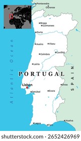 Political map of Portugal highlighting major cities, bordering Spain, and its western coastline along the Atlantic Ocean, with an inset showing its location in Europe