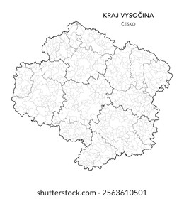 Political Map of the Vysočina Region (kraj Vysočina) with Districts (Okres), AD MEC (SO ORP), AD CLA (SO POU) and Municipalities (Obcí) as of 2024 - Czechia Czech Republic (Česko) - Vector Map