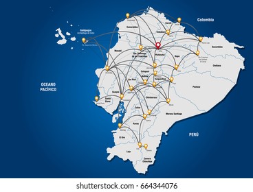 Political map of the Republic of Ecuador with gray lines interconnecting the capitals of each province with the names of the provinces and their capitals on blue background - Vector image