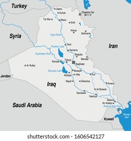 Political map of the Republic of Iraq with the most important cities marked in gray and blue tones. 