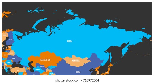 Political map of Russia and surrounding European and Asian countries. Four color map with white labels on dark grey background. Vector illustration