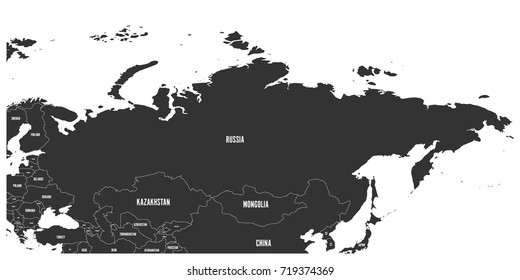 Political map of Russia and surrounding European and Asian countries.Dark grey map with white labels on white background. Vector illustration.