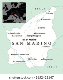 Mapa político de São Marinho ilustrando suas cidades, regiões administrativas e posição na Europa