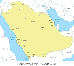 Political map of Saudi Arabia with national borders, cities and rivers