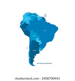 Political map of South America. Blue colored land with country name labels on white background. Ortographic projection. Vector illustration