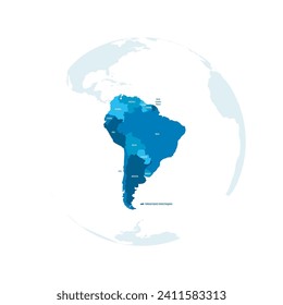 Political map of South America. Blue colored land with country name labels on white background. Ortographic projection. Vector illustration