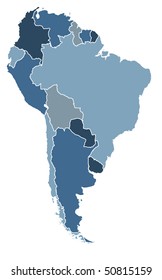 political map of south america in cold blue colors