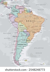 Political map of South America in Mercator projection. Highly detailed, editable with clearly labeled, separated layers. Vector illustration.