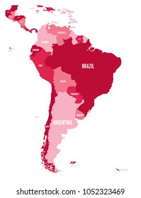 Political map of South America. Simple flat vector map with country name labels in four shades of maroon.