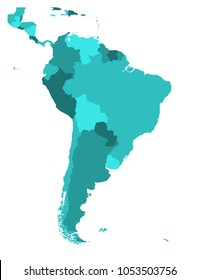 Political map of South America. Simple flat blank vector map in four shades of turquoise blue.