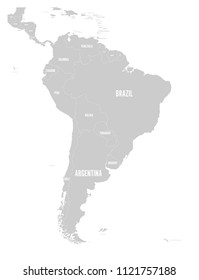 Political map of South America. Simple flat vector map with country name labels in grey.