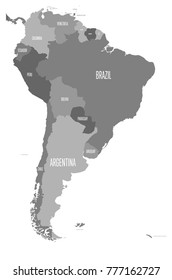 Political map of South America. Simple flat vector map with country name labels in four shades of gray.